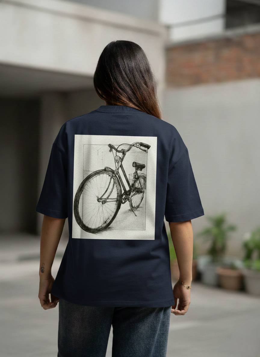 Abstract Cycle Sketch Oversized T-Shirt - Jet Black