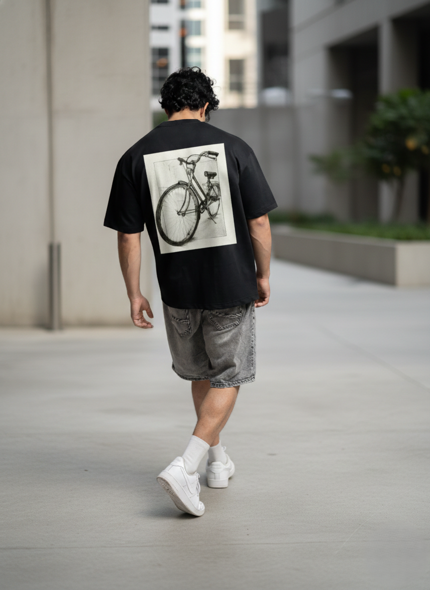Abstract Cycle Sketch Oversized T-Shirt - Jet Black